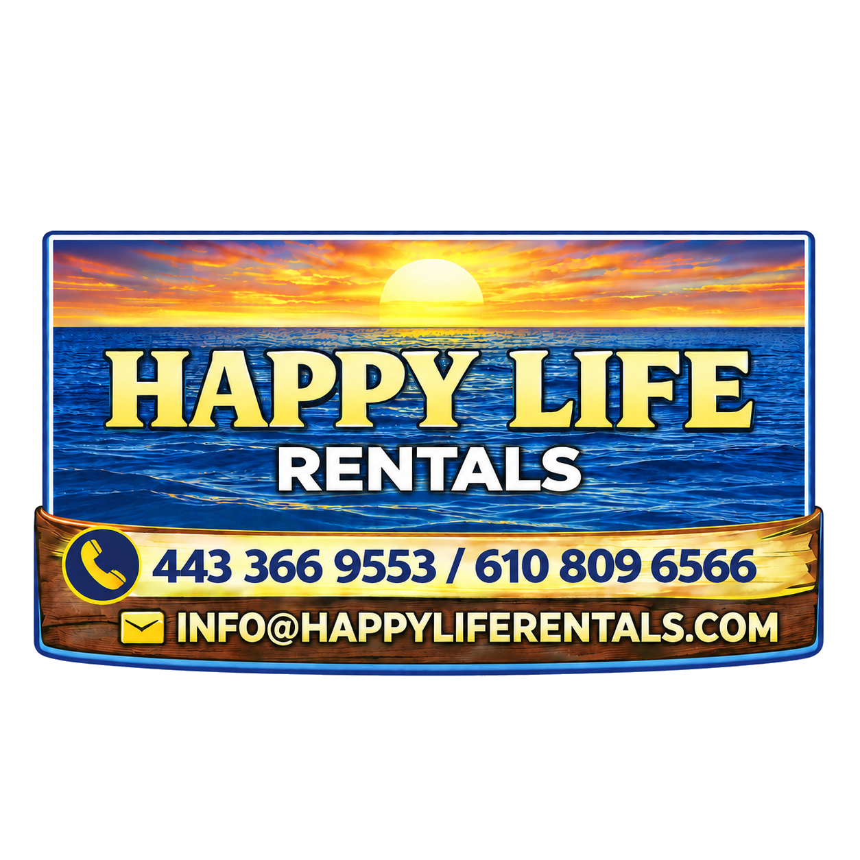 Happy Life Rentals contact card with phone numbers 443-366-9553 and 610-809-6566 and email info@happyliferentals.com