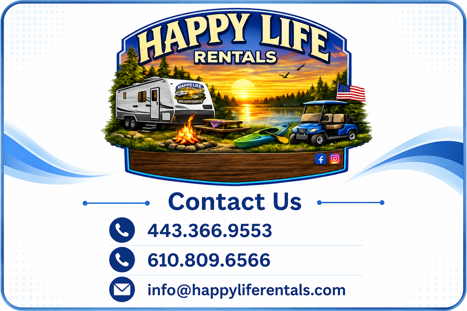 Happy Life Rentals contact card. Phone numbers 443.366.9553 and 610.809.6566. Email info@happyliferentals.com.